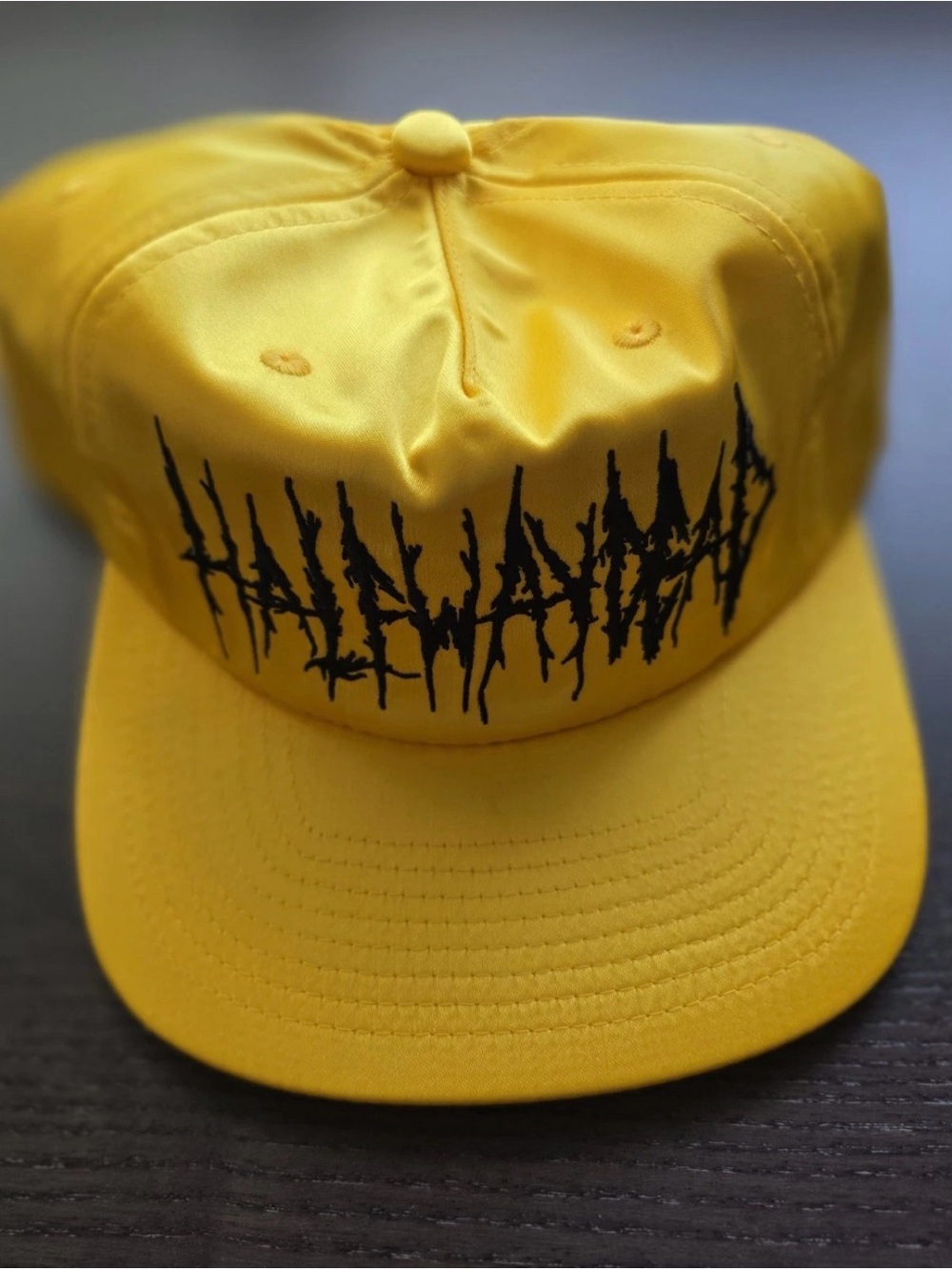 Half Way Dead Yellow Satin Snapback Hat Embroidered Black Logo NWT